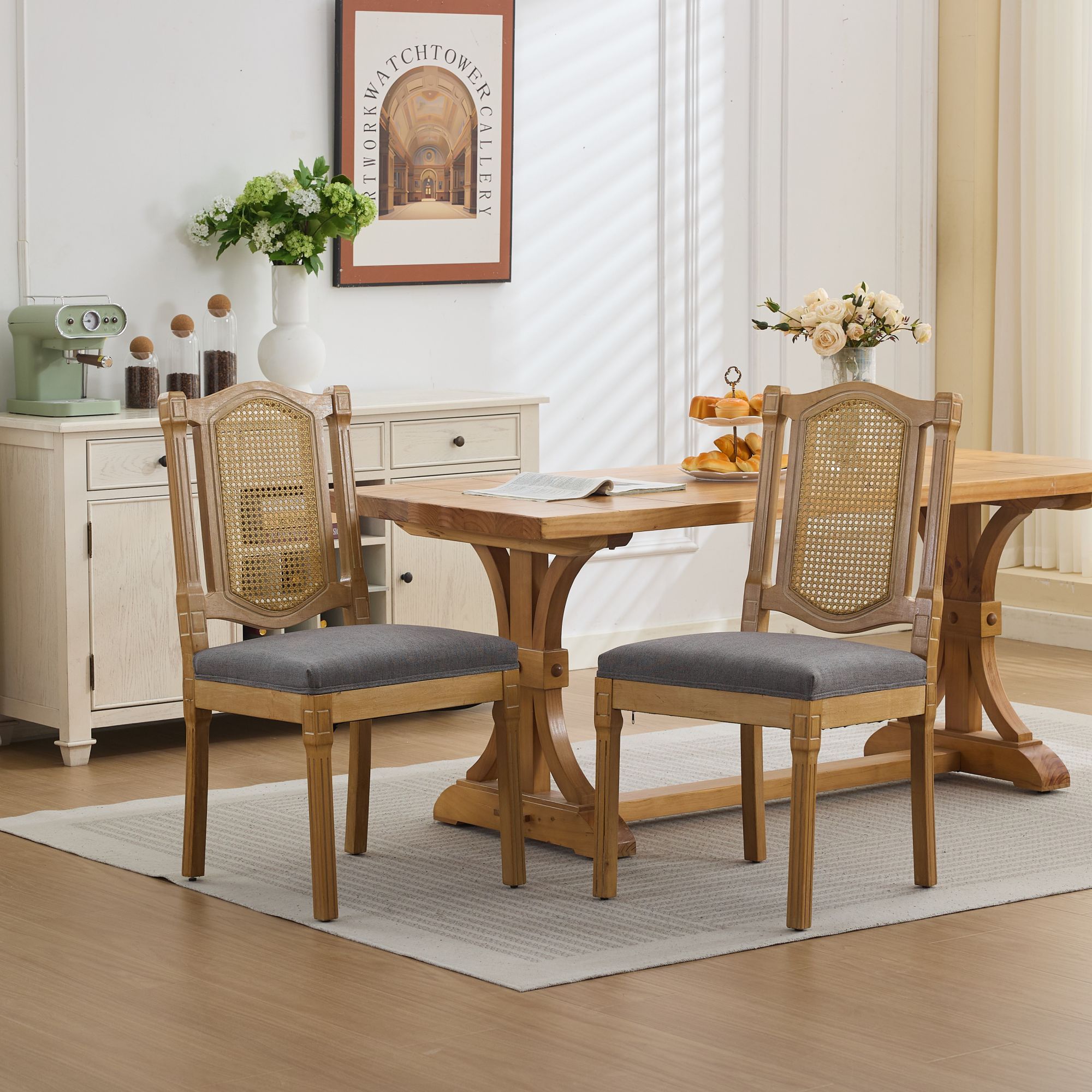 Solid Wood Rattan-Back Dining Chair, Matte Linen Cushion with