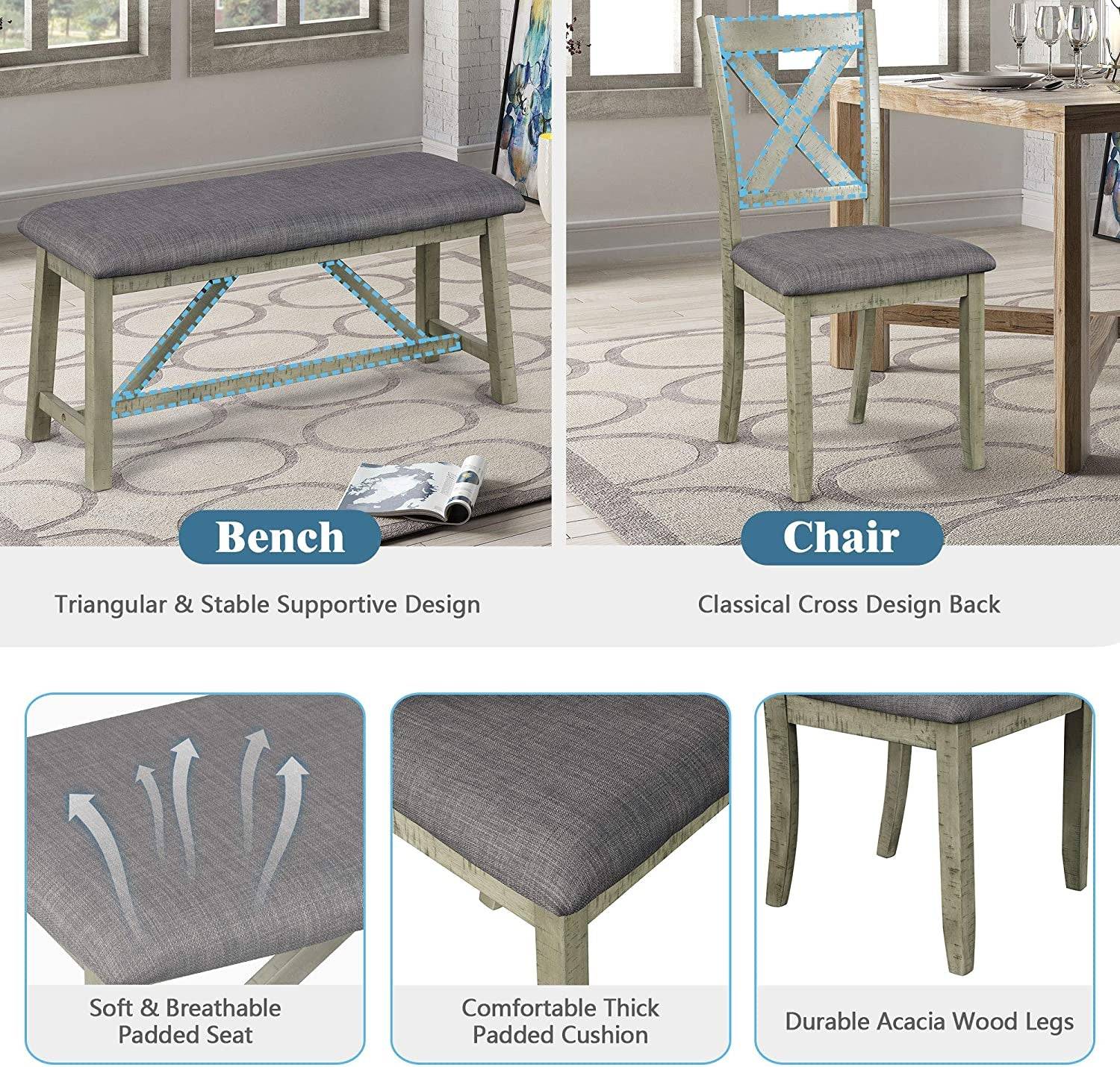 Rustic Gray Wooden 6-Piece Dining Table Set with Cushioned Chairs and