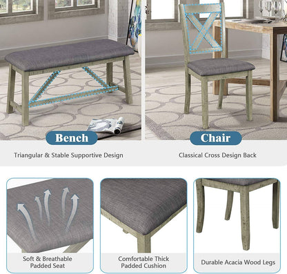 Rustic Gray Wooden 6-Piece Dining Table Set with Cushioned Chairs and