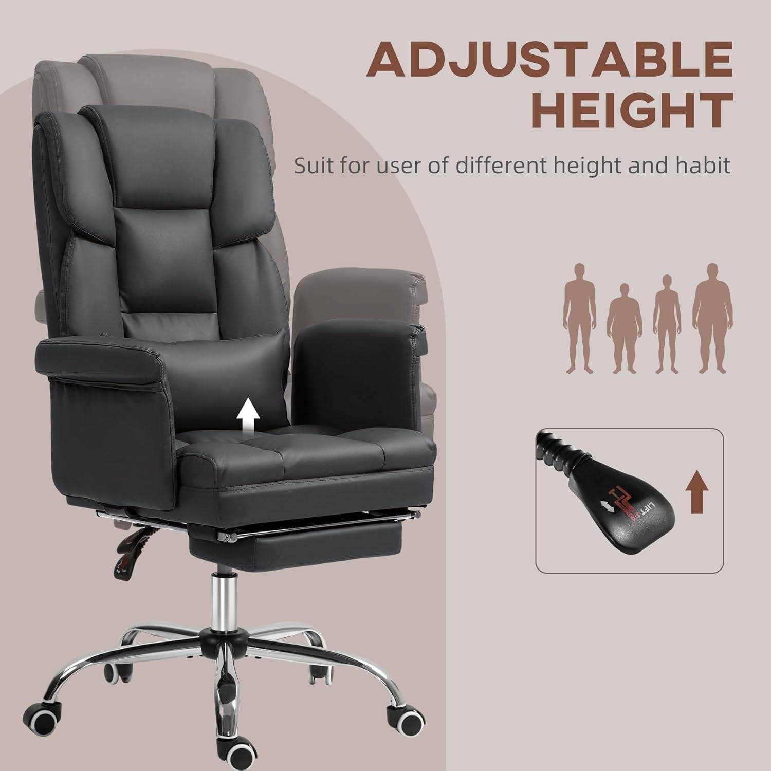 Executive Office Chair with Footrest and Lumbar Support, PU Leather