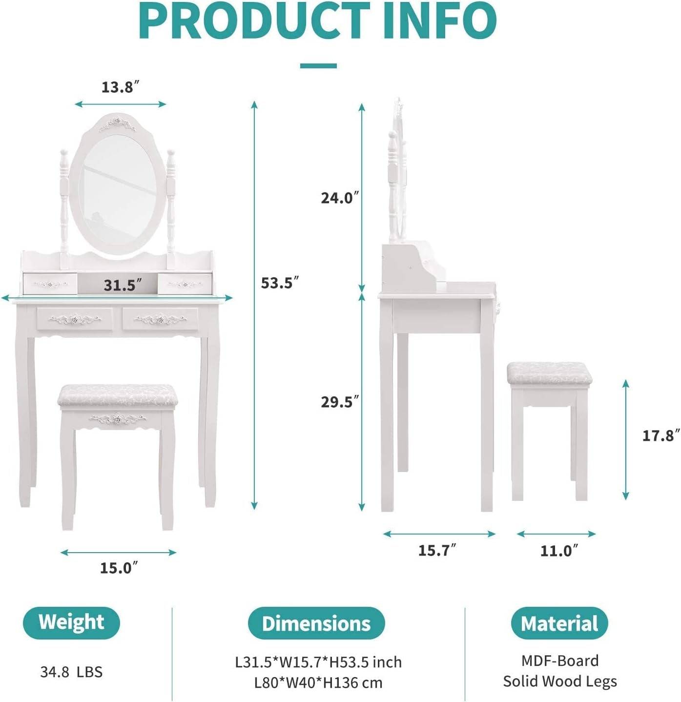 Wood Makeup Vanity Set with Mirror &amp; Stool