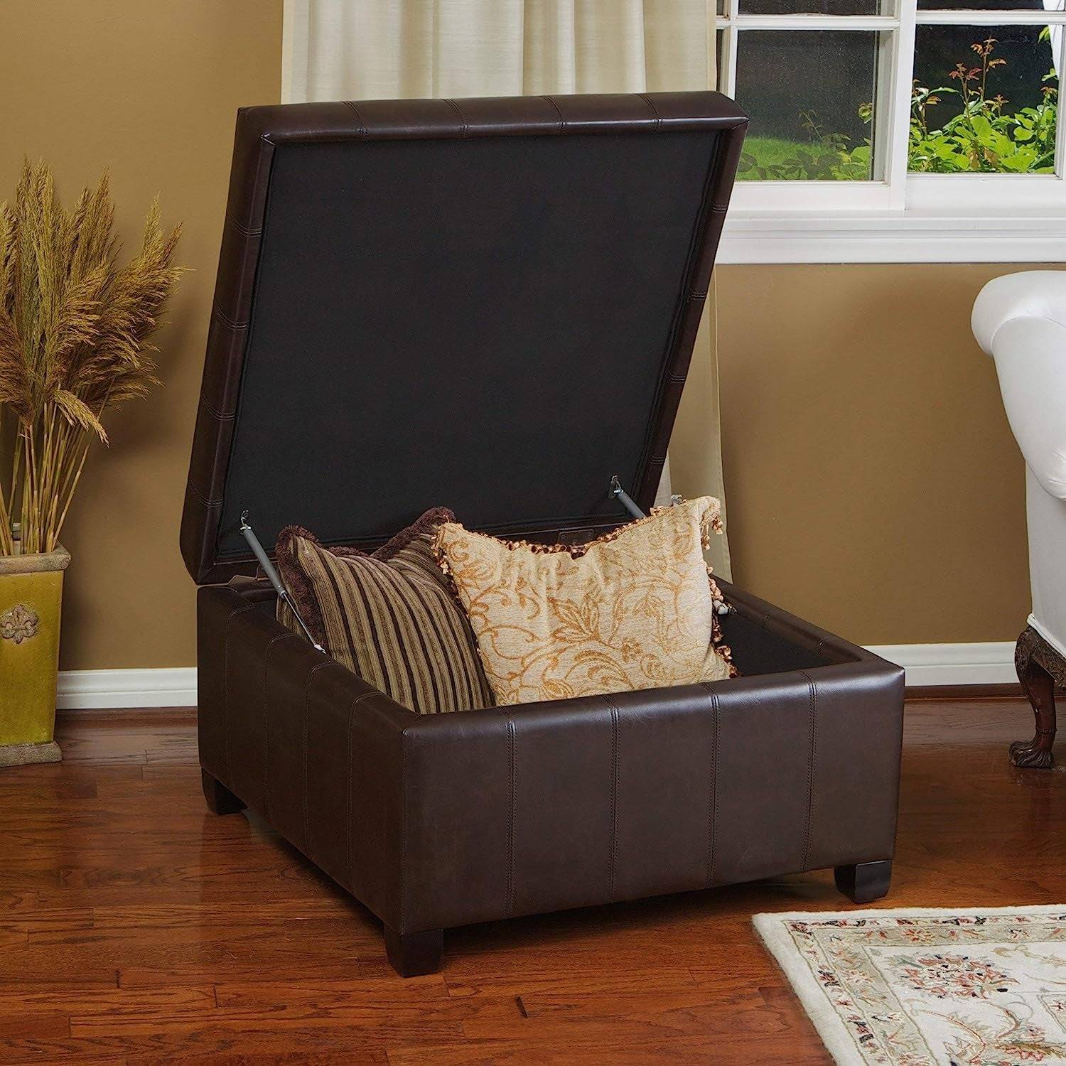 Marbled Brown Leather Ottoman with Storage