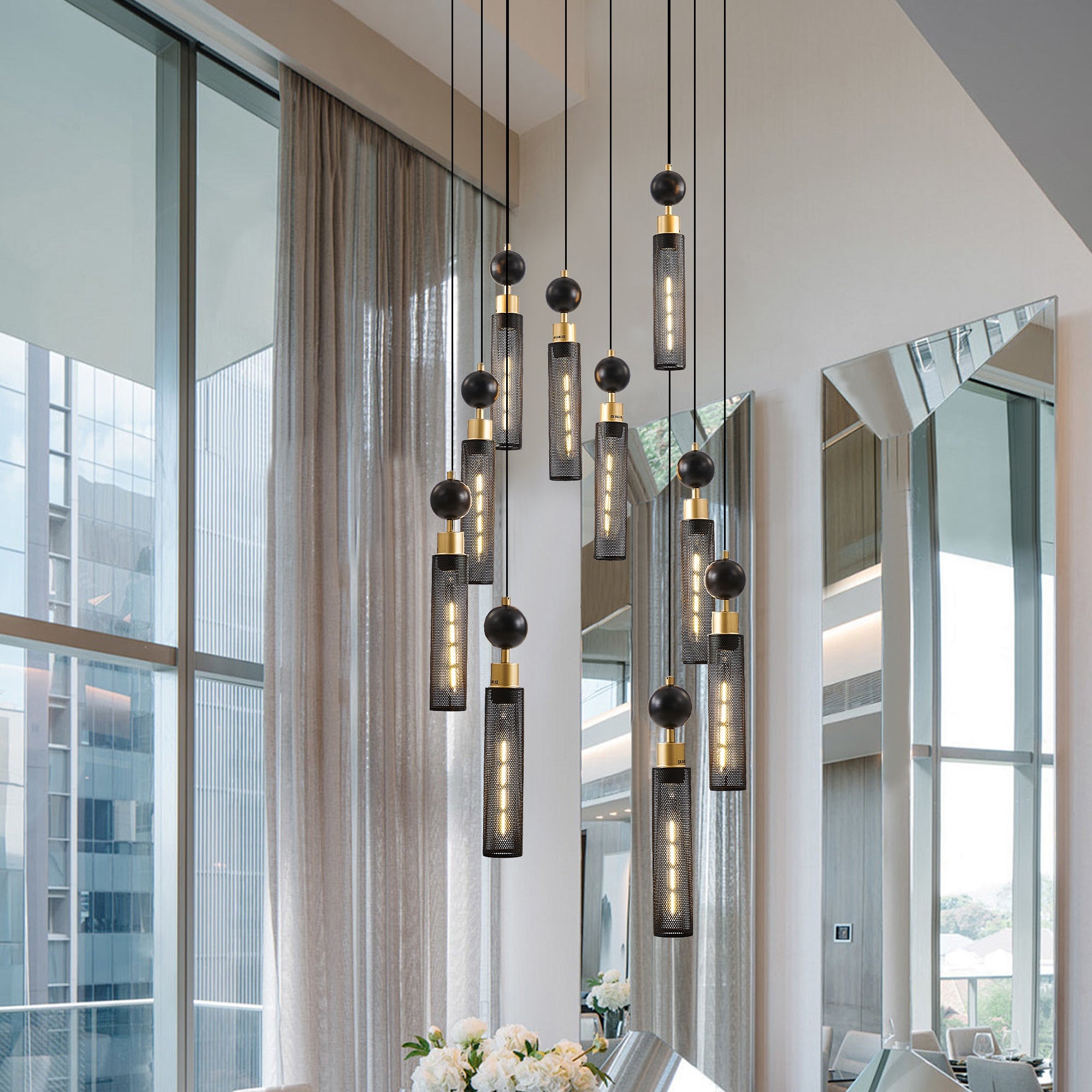 Modern Industrial Multi-Light Pendant Chandelier - 9-Light Black and