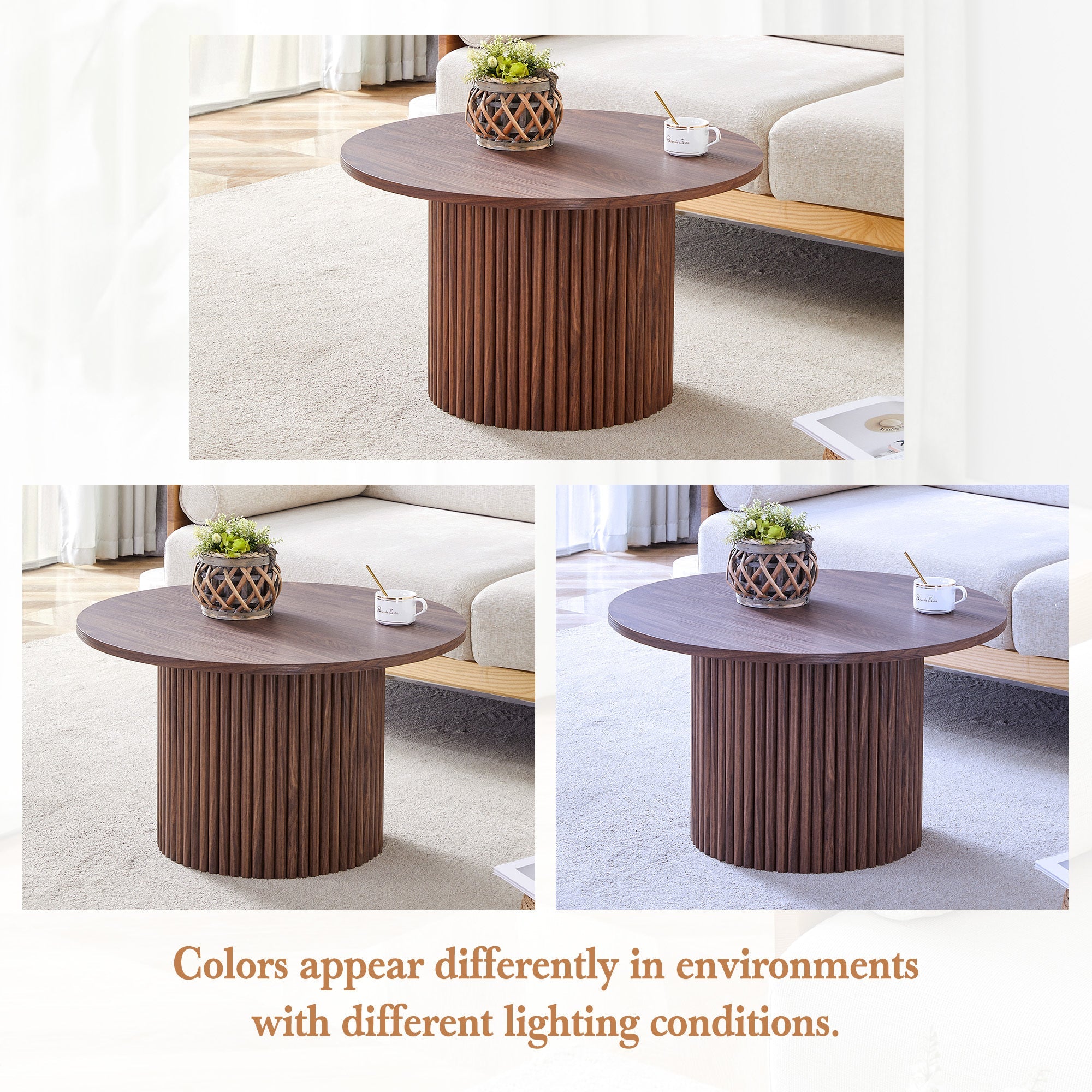 A modern circular coffee table with a diameter of 27.5 inches. MDF