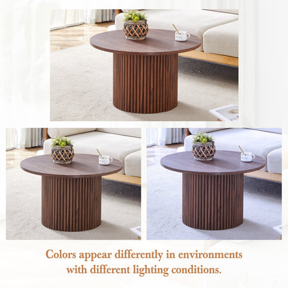 A modern circular coffee table with a diameter of 27.5 inches. MDF