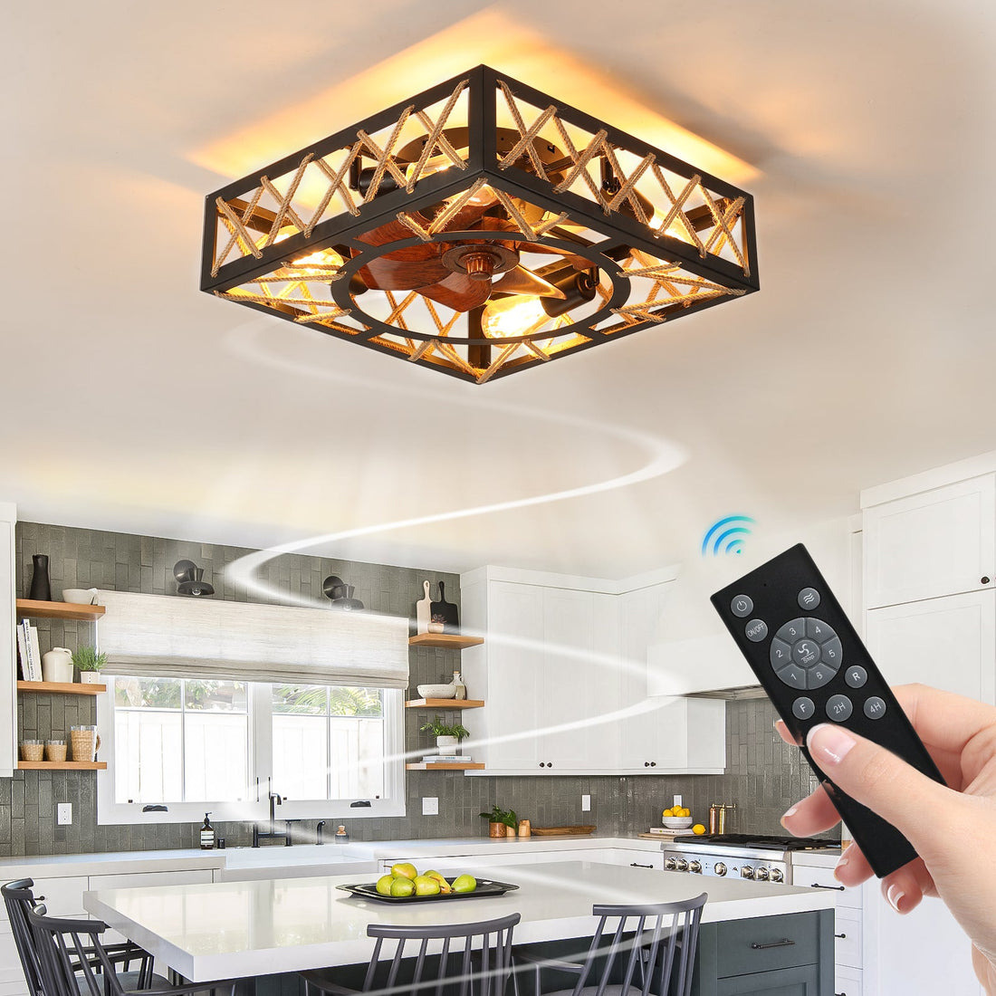 Farmhouse Rustic Ceiling Fan and Remote Control,Square Caged