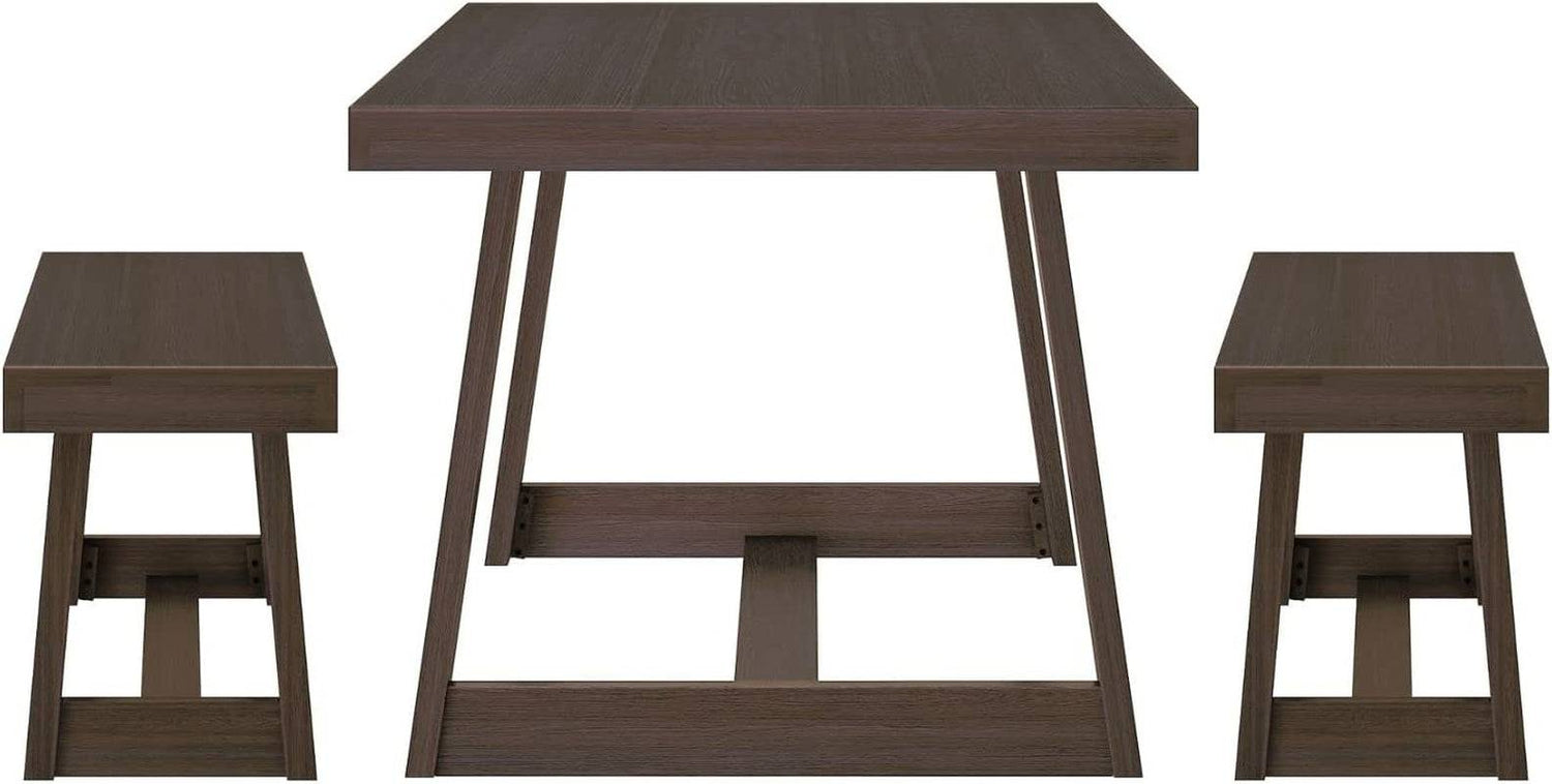 Farmhouse Solid Wood Dining Table Set with 2 Benches, Walnut