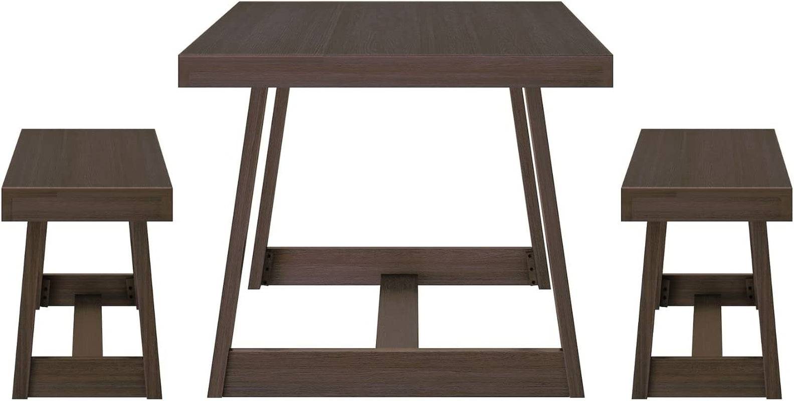 Farmhouse Solid Wood Dining Table Set with 2 Benches, Walnut