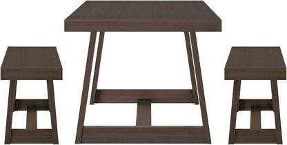 Farmhouse Solid Wood Dining Table Set with 2 Benches, Walnut