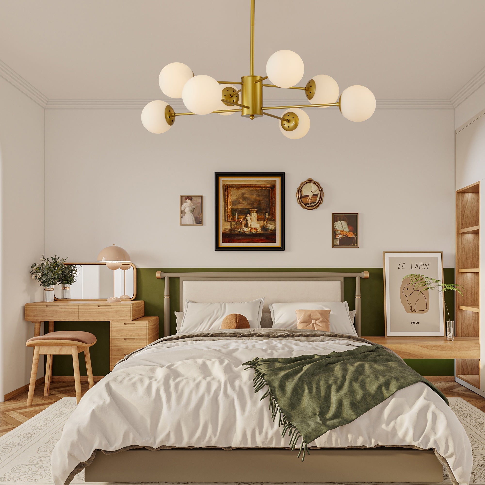 Modern 8-Light Gold Chandelier with White Glass Globe Shades,