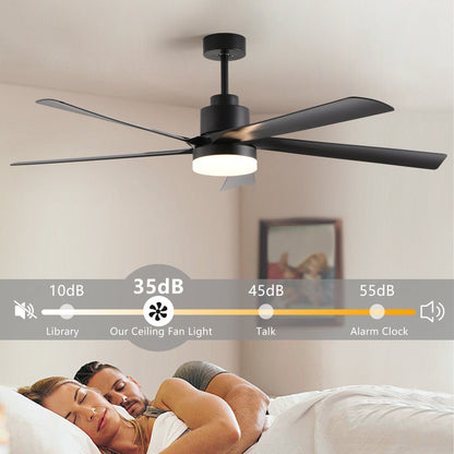 65 Inch Black Ceiling Fan with Light, 5-Blade Dimmable LED Ceiling Fan