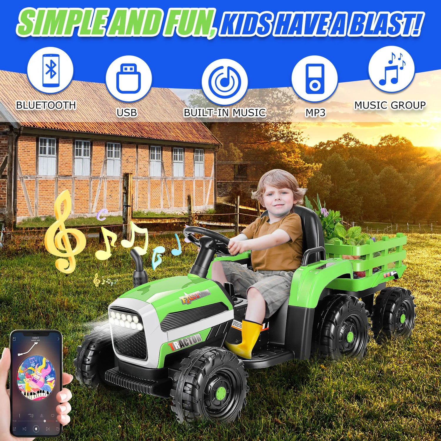 12V Kids Ride on Tractor with Trailer 7AH Battery Powered Tractor Electric Car for Toddler, Ride on Toys Motorized Vehicle