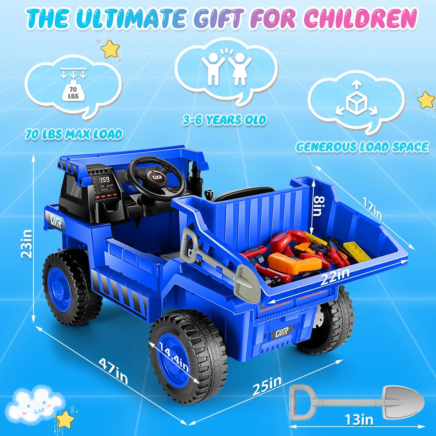 12V Ride on Toys for Toddlers, Ride on Dump Truck Electric Car for Kids 4WD Ride on Cars, Electric Dump Bed, Shovel, Music