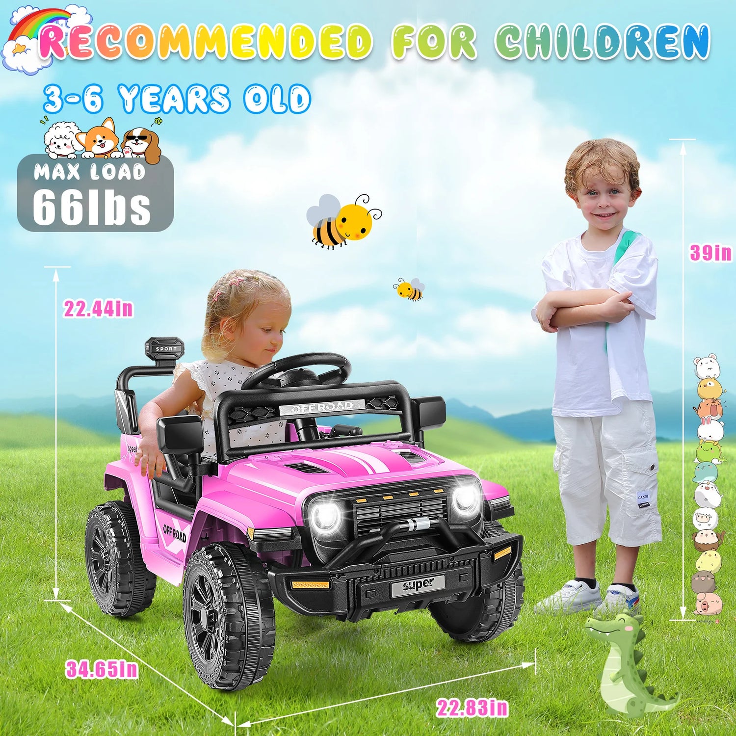 12V Ride on Toys for Toddlers with Remote Control, Ride on Cars for Kids, Electric Off-Road Truck Car w/ Music, LED Lights,