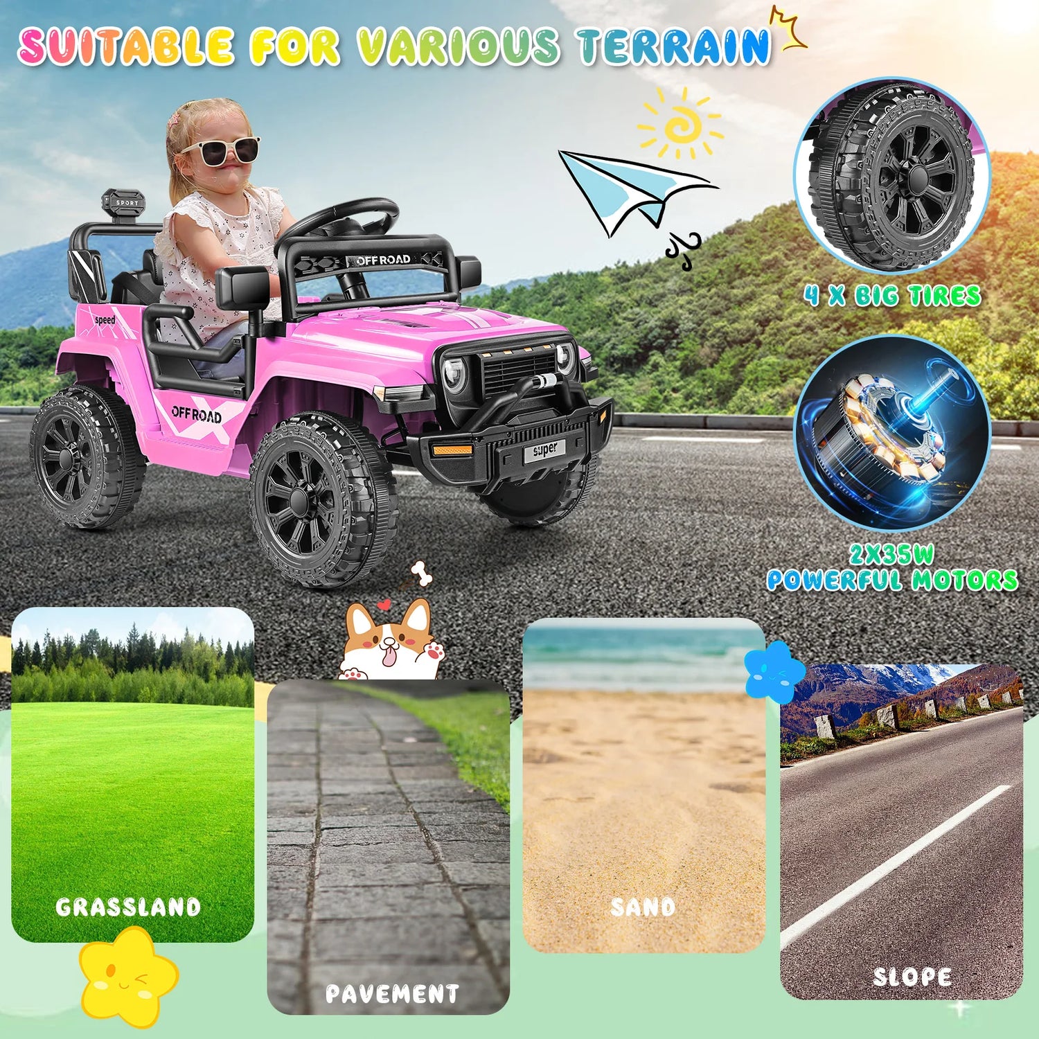 12V Ride on Toys for Toddlers with Remote Control, Ride on Cars for Kids, Electric Off-Road Truck Car w/ Music, LED Lights,