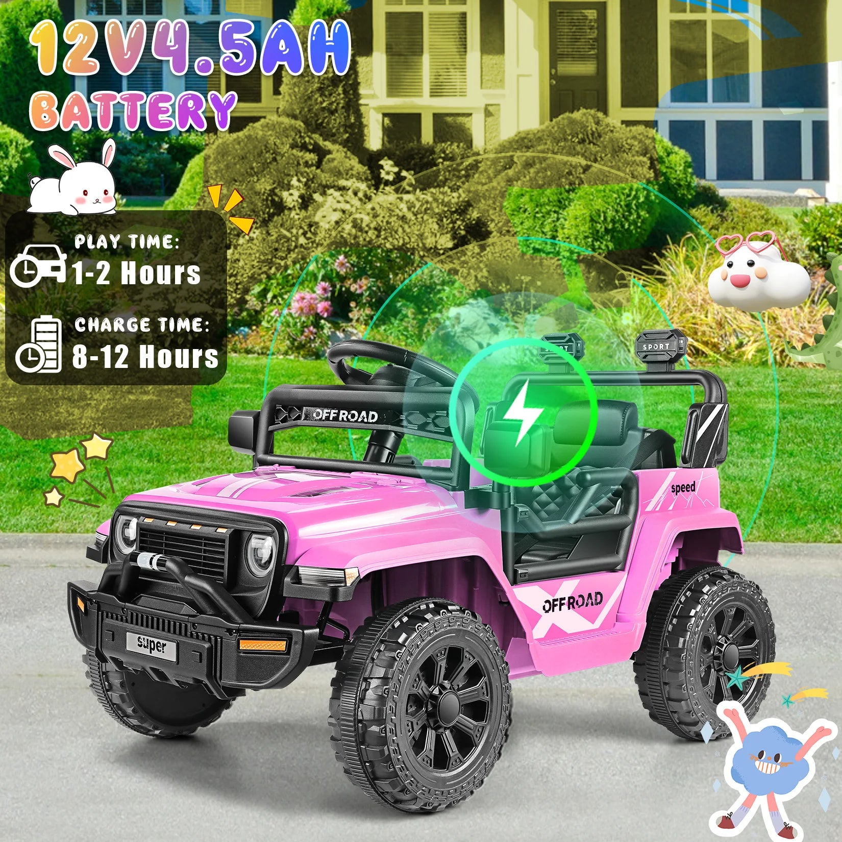 12V Ride on Toys for Toddlers with Remote Control, Ride on Cars for Kids, Electric Off-Road Truck Car w/ Music, LED Lights,