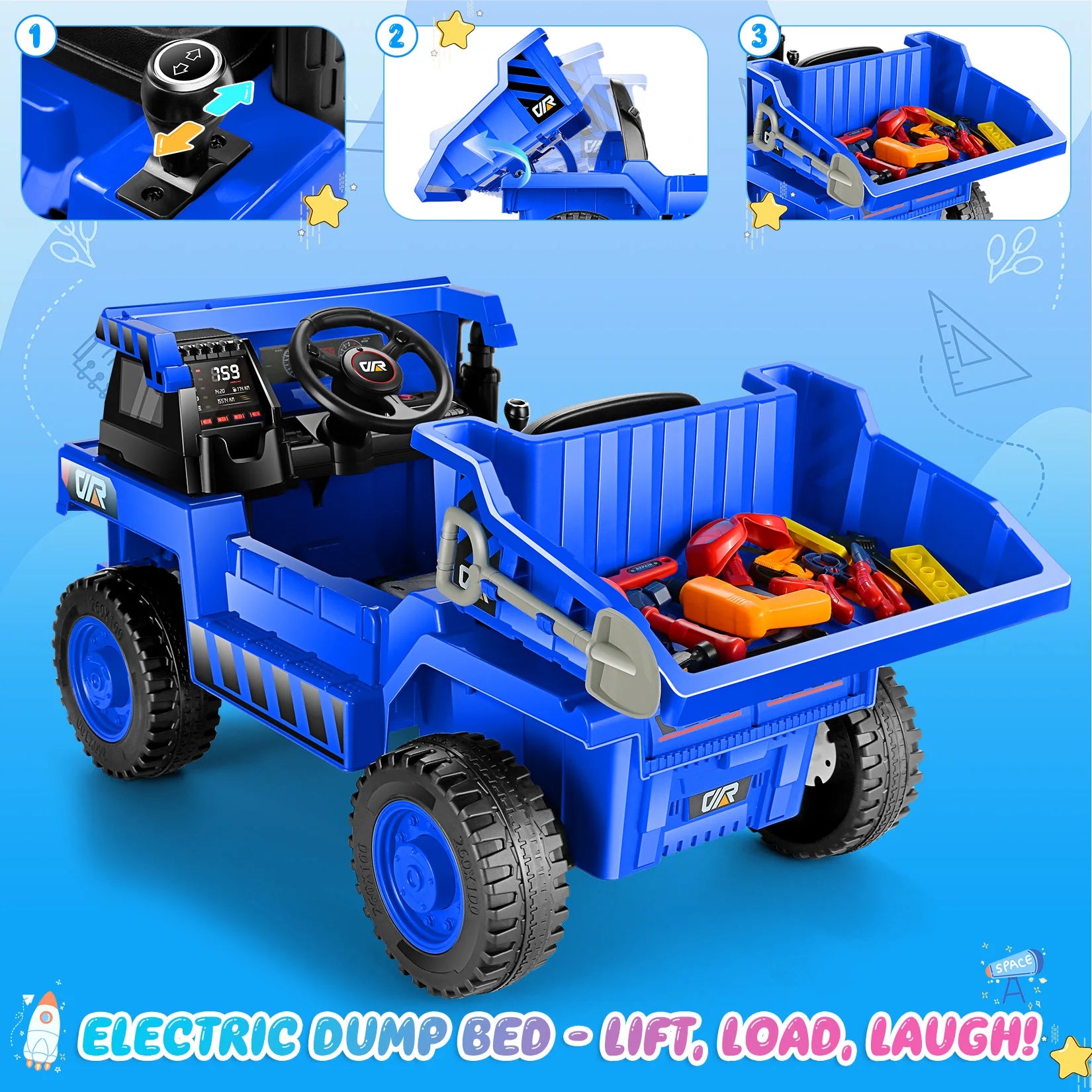 12V Ride on Toys for Toddlers, Ride on Dump Truck Electric Car for Kids 4WD Ride on Cars, Electric Dump Bed, Shovel, Music