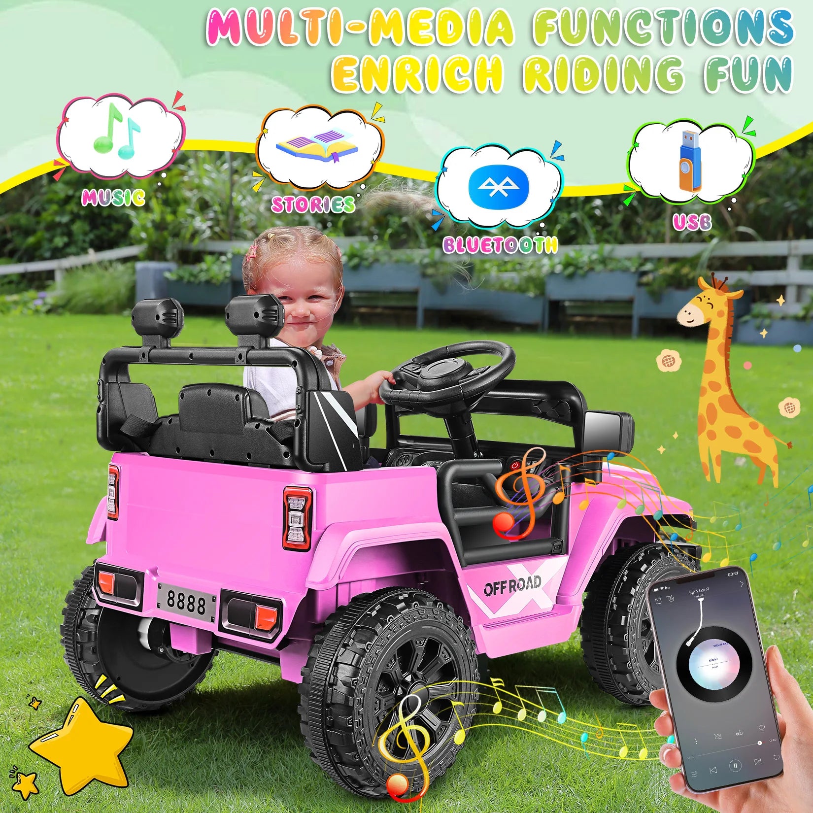 12V Ride on Toys for Toddlers with Remote Control, Ride on Cars for Kids, Electric Off-Road Truck Car w/ Music, LED Lights,