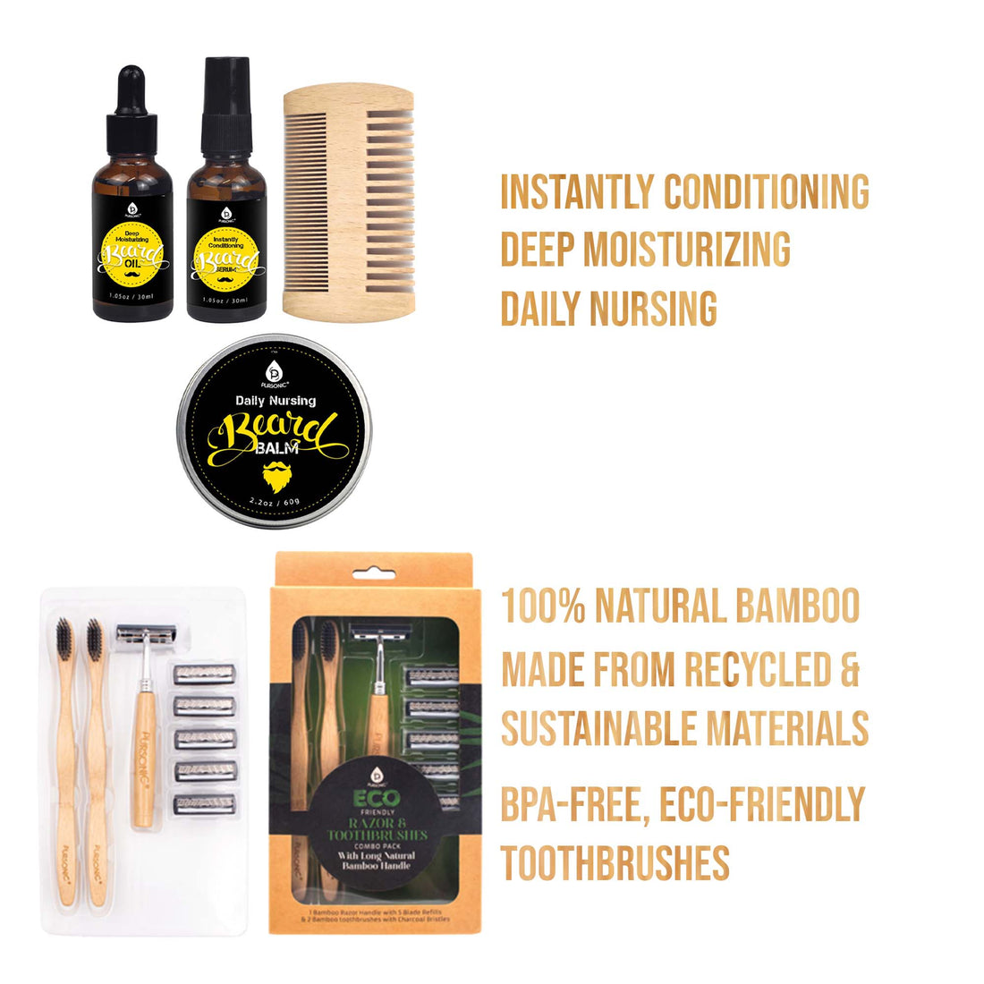 Pursonic Beard Care Grooming Kit &amp; Eco Friendly Razor + Toothbrushes