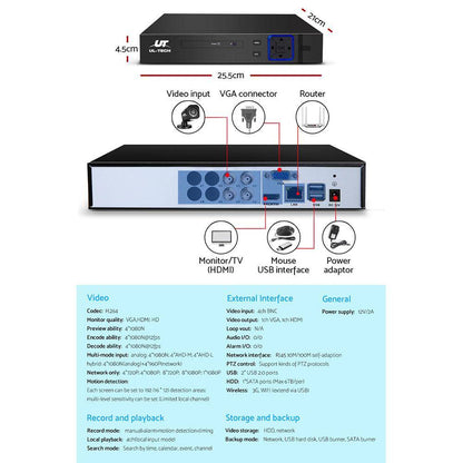 UL-tech CCTV Security System 4CH DVR 4 Cameras 1TB Hard Drive
