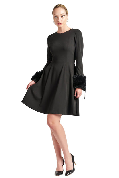 Caroline Dress - Long Sleeve Fit &amp; Flare Black Dress with Faux Fur