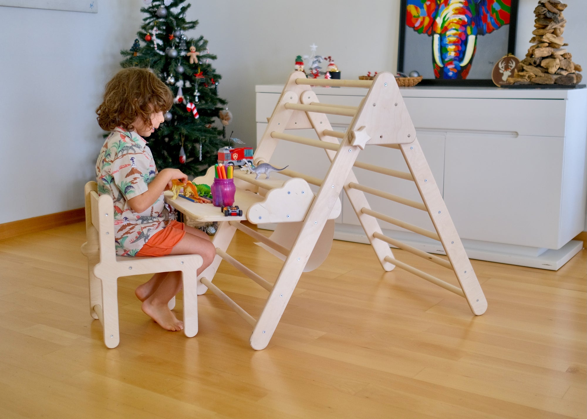 Foldable Montessori Climbing Triangle Set with Portable Table and