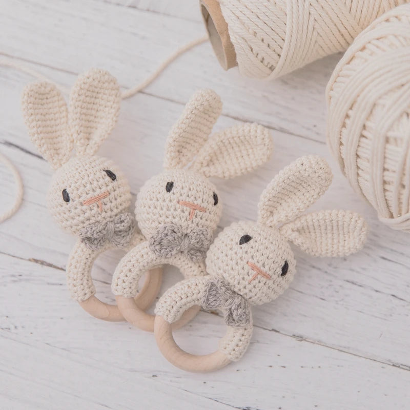 1pc Baby Music Teether Rattle Toy for Child Wooden Toys Cartoon Bunny Crochet Rattle Soother Bracelet Teether Set Baby Products