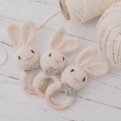 1pc Baby Music Teether Rattle Toy for Child Wooden Toys Cartoon Bunny Crochet Rattle Soother Bracelet Teether Set Baby Products