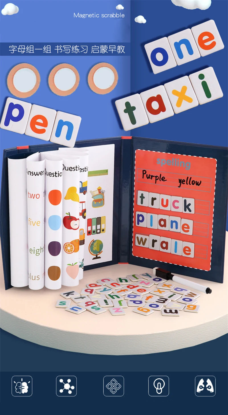 Wooden Magnetic Book Word Spelling Games English 26 Letters Cards Alphabet Early Educational Puzzle Montessori Kids Toy Gifts