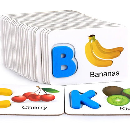 26Pcs English Letters Word Cognitive Cards Wooden Flashcard Alphabet Toys Jigsaw Puzzle Game Educational Toy for Children Gifts