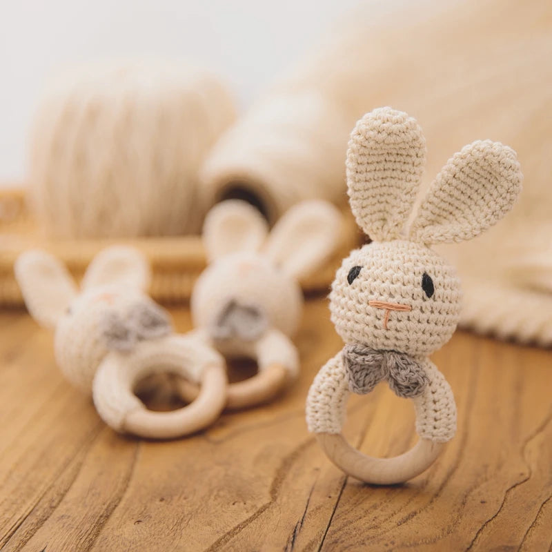 1pc Baby Music Teether Rattle Toy for Child Wooden Toys Cartoon Bunny Crochet Rattle Soother Bracelet Teether Set Baby Products