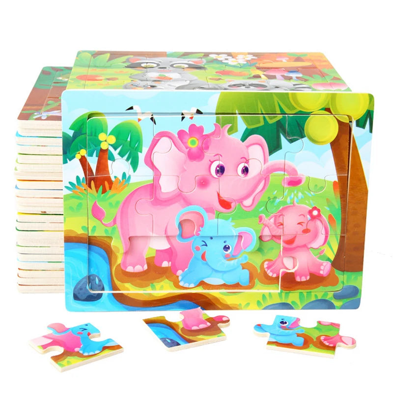 15*11cm 12pcs Wood Puzzle Kids Educational Toys Cartoon Animal/Traffic 3dD Wooden Puzzle Jigsaw Toys For Children Gifts