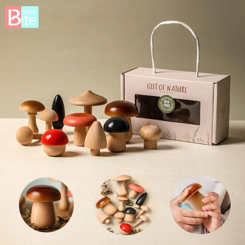 11PCS Wooden Mushroom Building Block Montessori Wooden Block Baby Grasp DIY Creative Toy Room Decoration