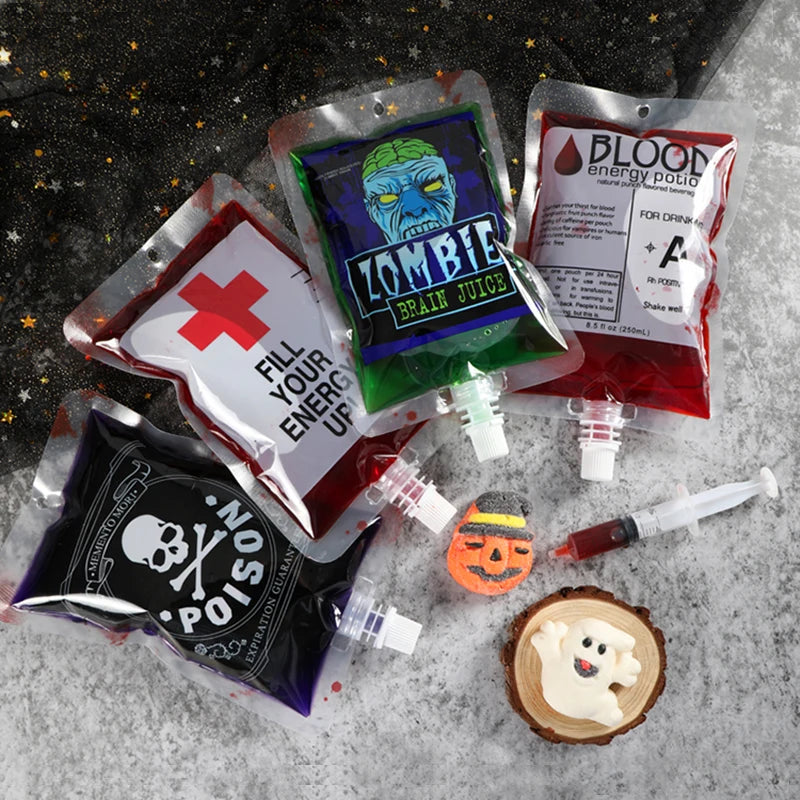 5pcs Creative Halloween Blood Drink Bag 250ml PET Food Bags Juice Bag Zombie Vampire Plasma Cosplay Props Halloween Decor Props