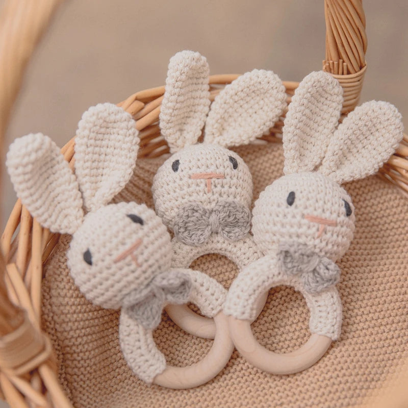 1pc Baby Music Teether Rattle Toy for Child Wooden Toys Cartoon Bunny Crochet Rattle Soother Bracelet Teether Set Baby Products