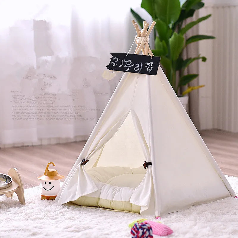 Canvas Pattern White Solid Pet Tent Portable Folding Teepee Cat Bed House with Cushion Easy Assemble Dog Houses Pet Products Dec