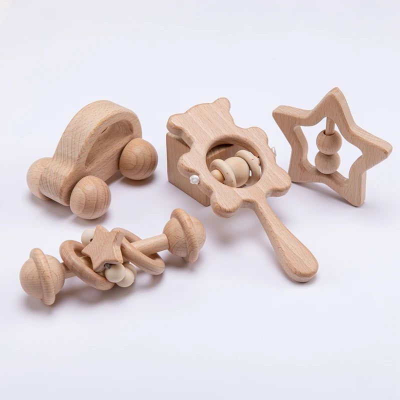 Baby Toys Wooden Rattles Sets Beech Hand Teething Cartoon Animal Bear Baby Rattles Musical Montessori Educational Toy Gifts