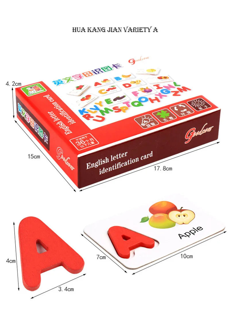 26Pcs English Letters Word Cognitive Cards Wooden Flashcard Alphabet Toys Jigsaw Puzzle Game Educational Toy for Children Gifts