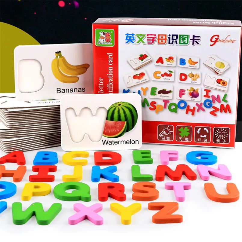 26Pcs English Letters Word Cognitive Cards Wooden Flashcard Alphabet Toys Jigsaw Puzzle Game Educational Toy for Children Gifts