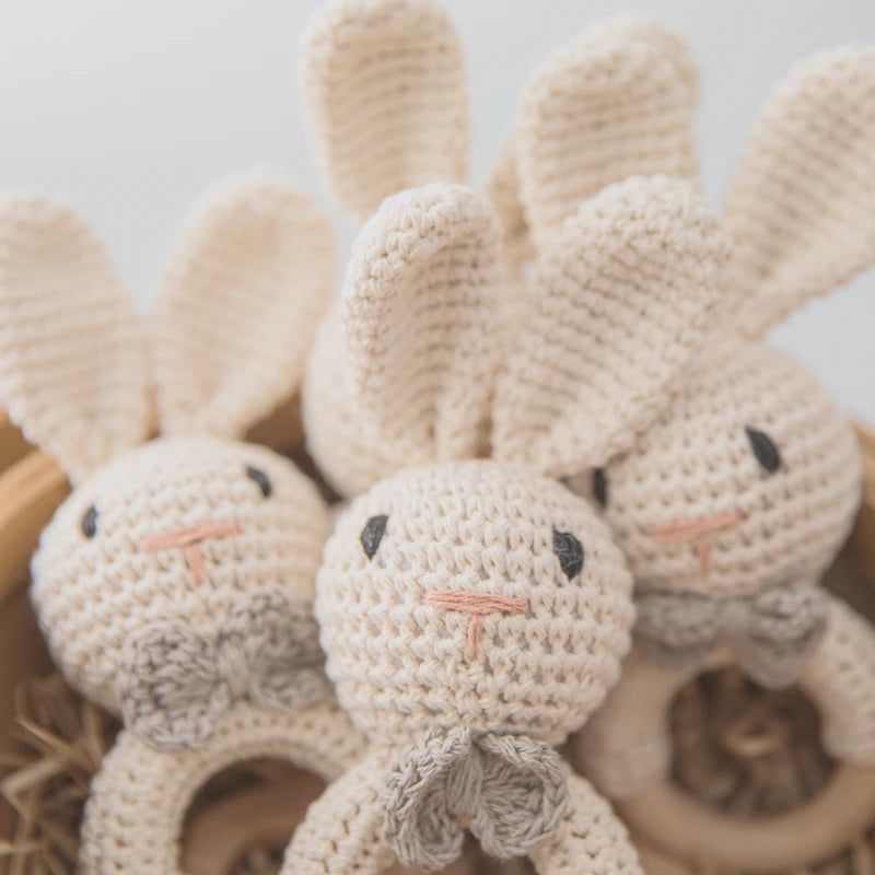 1pc Baby Music Teether Rattle Toy for Child Wooden Toys Cartoon Bunny Crochet Rattle Soother Bracelet Teether Set Baby Products