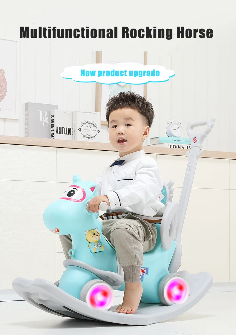 2021 New Infant Shining Rocking Horse Sliding Dual-Purpose Wooden Horse Toy Multifunctional Baby Rocking Car Indoor Toys Gift