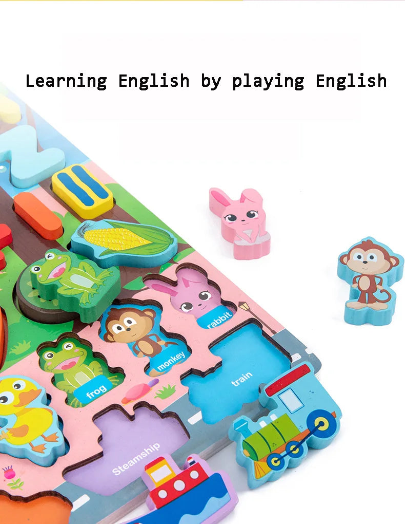 Wooden Montessori Toys Fruit Digital Alphabet Animal Traffic Figure Matching Puzzle Preschool Busy Board Educational Kids Toys