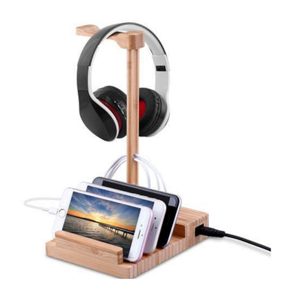 2 in 1 Bamboo Wood Charging Station Stand 3 USB for iPhone &amp;