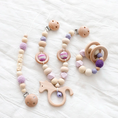 Baby Toys Silicone Beads Teethers Wooden Rings Handmade Bracelet Pacifier Chain Clips Teething Pram Stroller Bell Baby Products