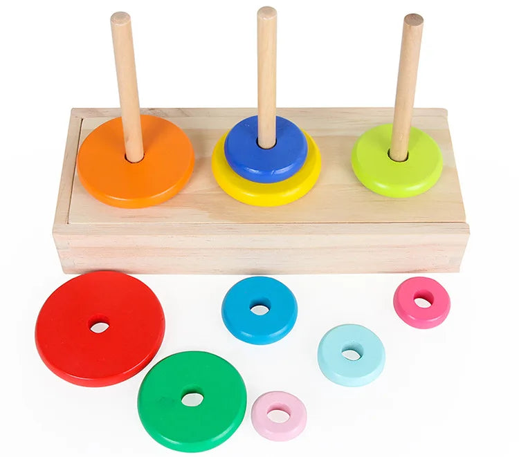 Classic Wooden Puzzle Stack Tower Of Hanoi Kid Mathematical Early Educational Toys Parent-child Interaction Toy With Storage Box