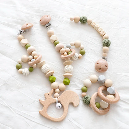 Baby Toys Silicone Beads Teethers Wooden Rings Handmade Bracelet Pacifier Chain Clips Teething Pram Stroller Bell Baby Products