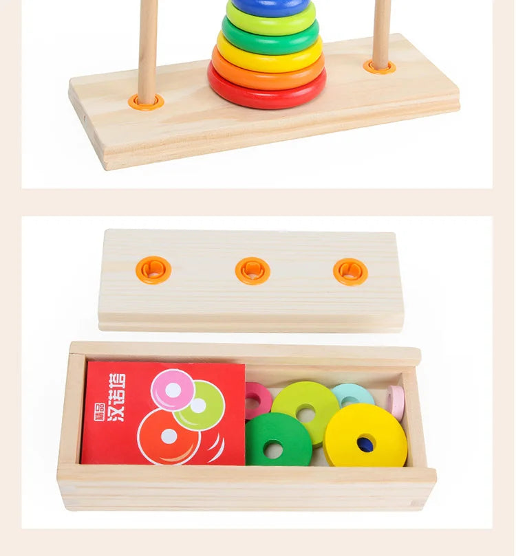 Classic Wooden Puzzle Stack Tower Of Hanoi Kid Mathematical Early Educational Toys Parent-child Interaction Toy With Storage Box