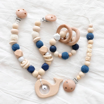 Baby Toys Silicone Beads Teethers Wooden Rings Handmade Bracelet Pacifier Chain Clips Teething Pram Stroller Bell Baby Products