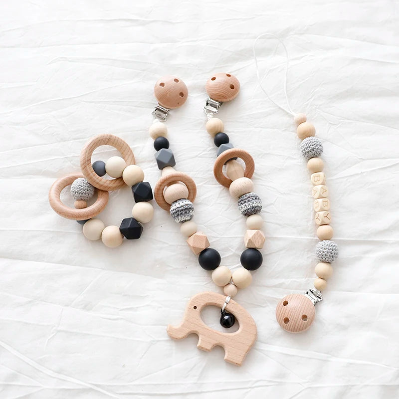 Baby Toys Silicone Beads Teethers Wooden Rings Handmade Bracelet Pacifier Chain Clips Teething Pram Stroller Bell Baby Products