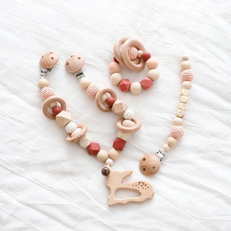 Baby Toys Silicone Beads Teethers Wooden Rings Handmade Bracelet Pacifier Chain Clips Teething Pram Stroller Bell Baby Products